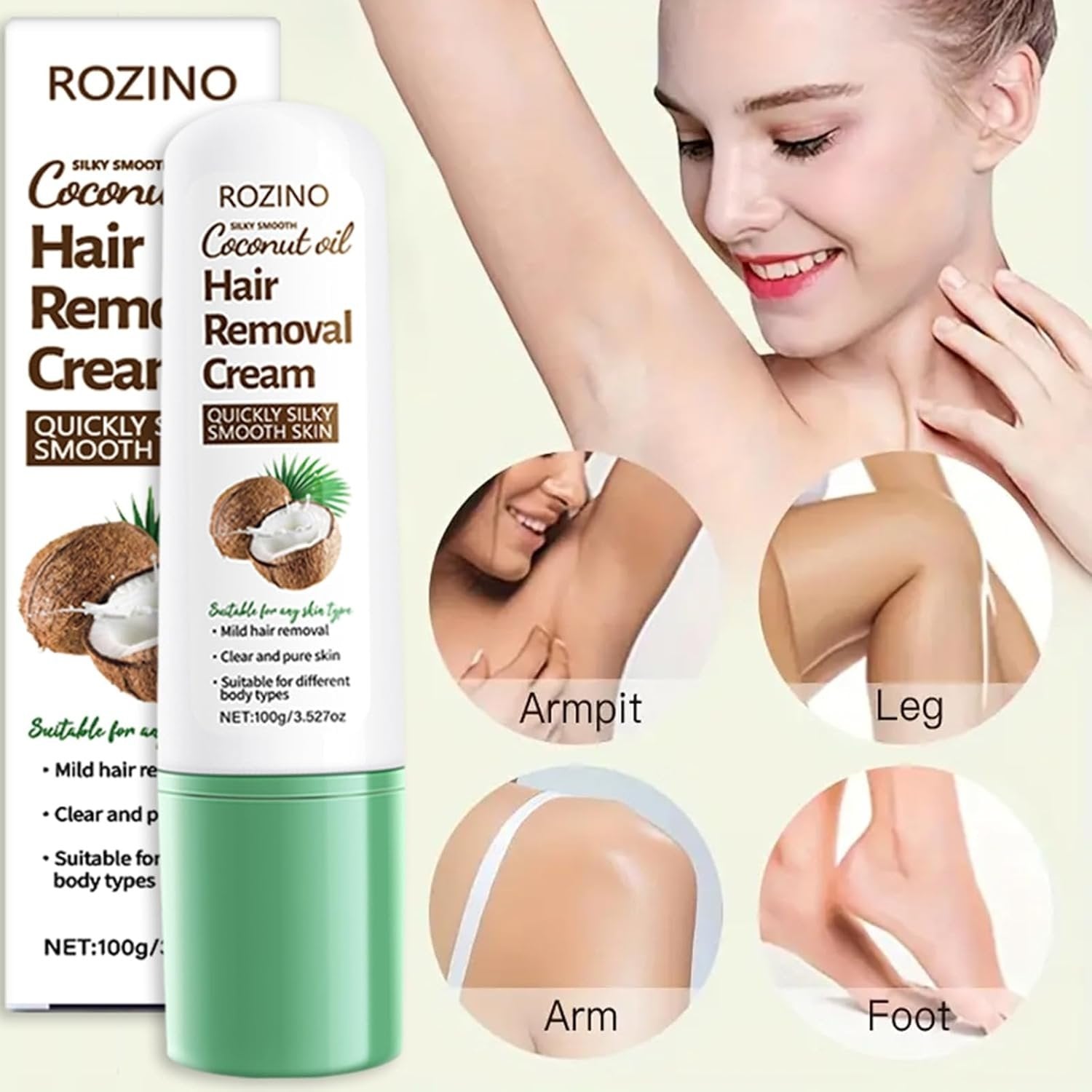 Coconut Oil Depilatory Cream,Gentle Hair Removal for All Skin Types 