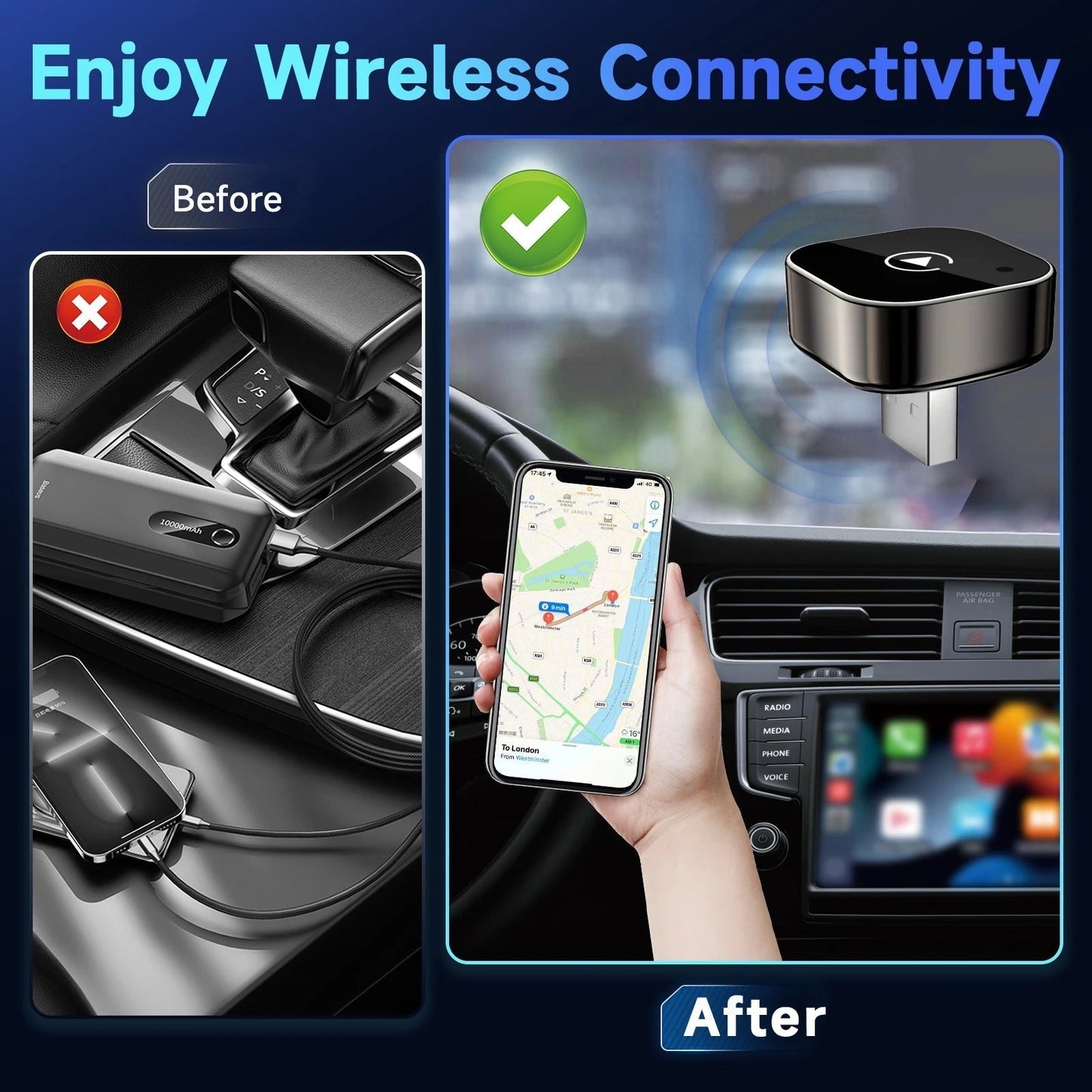 2025 Wireless CarPlay Adapter for iPhone & Android – Fast, No-Lag, Hands-Free
