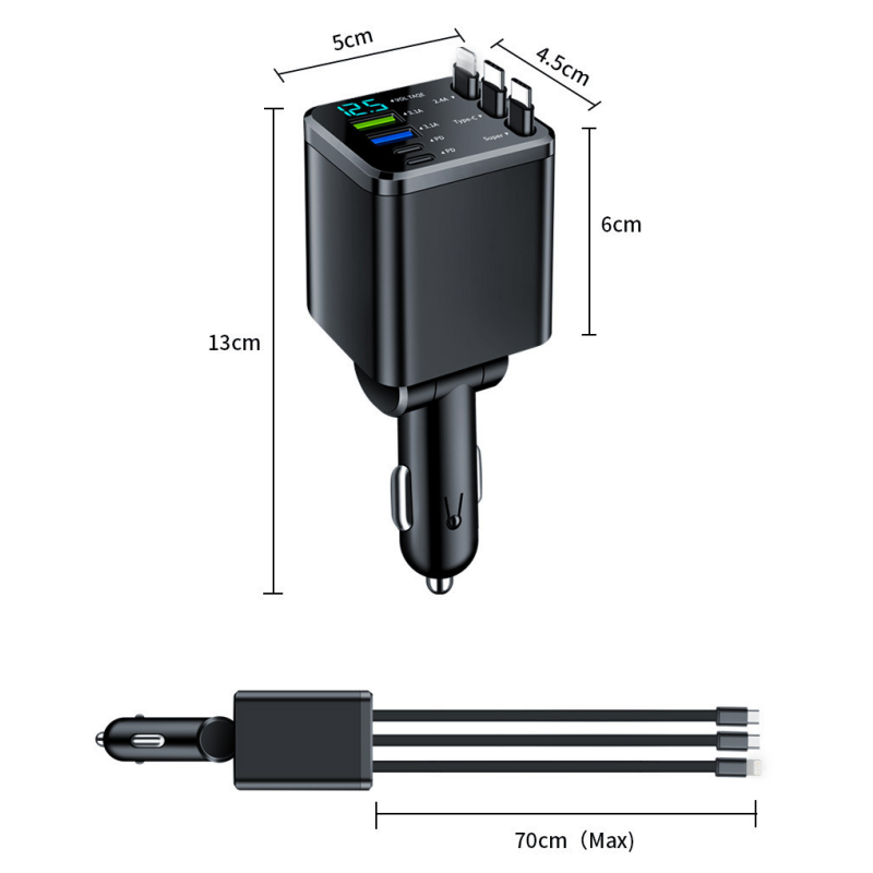 7-in-1 Retractable Fast Car Charger with Voltage Display